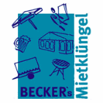 Logo mit Grill, Bierkrug, Zelt, Tisch und Text: "BECKER's Mietklüngel".