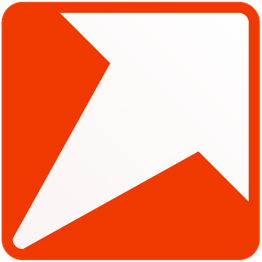 Ein stilisierter roter Pfeil in einem orangen Quadrat, zeigt nach rechts oben.