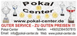 Trophäen und Medaillen mit Text: GUTER SERVICE - ZU GUTEN PREISEN!!! Kontaktdaten vom Pokal-Center.