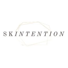 Text "SKINTENTION" over a faceted geometric shape on a white background.