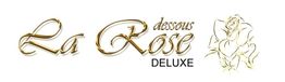 Goldenes „La Rose Dessous Deluxe“-Logo mit Rosenskizze.