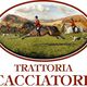 Cavalieri in rosso su cavalli in corsa con cani. Testo: Trattoria Cacciatore.