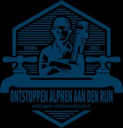 "Logo van een loodgieter met tekst: 'Ontstoppen Alphen aan den Rijn, sinds 2002'."