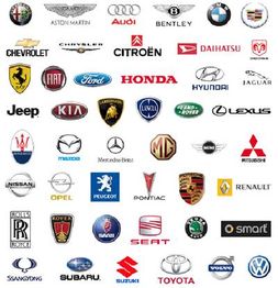 Autohersteller-Logos: Aston Martin, Audi, Bentley, BMW, Chevrolet, Chrysler, Citroën, u.a.