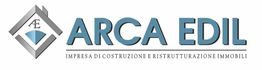 Logo di "Arca Edil" con simbolo a forma di casa e testo sulla costruzione e ristrutturazione.
