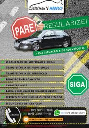 Cartaz de regularização veicular, com informações de serviços relacionados a documentação.