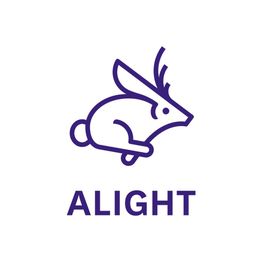 Minimalist purple jackalope logo with "ALIGHT" text below.