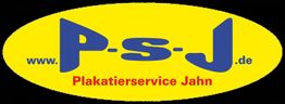 Logo mit gelbem Oval, blauer Schrift "P-s-J.de", rotem Text "Plakatier­service Jahn".
