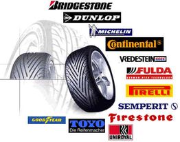 Reifenmarken-Logos umgeben einen großen Autoreifen: Bridgestone, Michelin, Pirelli und mehr.