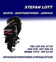 Zwei Außenbordmotoren auf blauem Hintergrund mit Kontaktdaten von Stefan Lott Bootsservice.