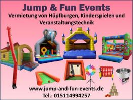Werbung für Jump & Fun Events, Vermietung von Hüpfburgen und Kinderspielen. Kontaktinfos inklusive.