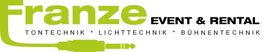 Logo von Franze Event & Rental in Grün und Schwarz mit Auflistung von Tontechnik, Lichttechnik, Bühnentechnik.