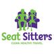 Two green silhouettes sitting, with text: "Seat Sitters. Clean. Healthy. Travel."