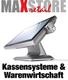 Touchscreen-Kassensystem unter dem Schriftzug "MAX STORE retail" und Text "Kassensysteme & Warenwirtschaft".