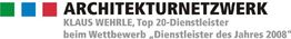 Logo des Architekturnetzwerks mit Auszeichnungstext als Top-Dienstleister 2008 und bunten Quadraten.