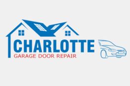 Logo of Charlotte Garage Door Repair featuring a house, car, and bold blue text.