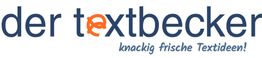 Logo mit Text "der textbecker", Untertitel "knackig frische Textideen!" in Blau und Orange.