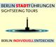 Textgrafik: "Berlin Stadtführungen" mit einer Silhouette einer Figur im Zentrum.