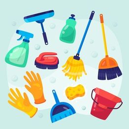 Accessoires de nettoyage colorés: balais, gants, seau, produits et brosse sur fond bleu.