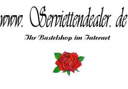 Schriftzug "www.Serviettendealer.de" mit rose und Text "Ihr Bastelshop im Internet".