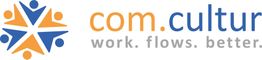 Logo mit Figurenstern und Text "com.cultur" in Orange und Blau, Slogan: "work. flows. better."