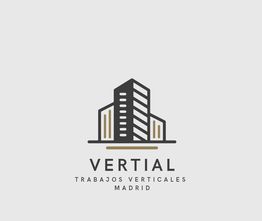 Logotipo de edificios y texto "Vertial, Trabajos Verticales, Madrid" en fondo gris claro.