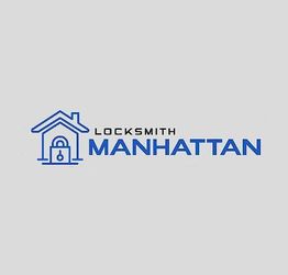 Logo with a house and keyhole, text "Locksmith Manhattan" in blue and black.