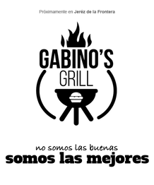 Logotipo de "Gabino's Grill" con una barbacoa y llamas en la parte superior.
