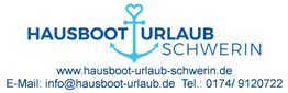 Hausboot Urlaub Schwerin Logo mit Website, E-Mail und Telefon: www.hausboot-urlaub-schwerin.de