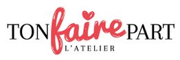 Logo avec texte "Ton faire part L'atelier" en noir et rouge, avec un cœur au-dessus du "i".