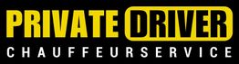 Text: "PRIVATE DRIVER CHAUFFEURSERVICE" in gelber und weißer Schrift auf schwarzem Hintergrund.