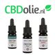 Drie flesjes MediHemp CBD-olie onder een logo met de tekst "CBDOlie.nl" en een bladgroen icoon.
