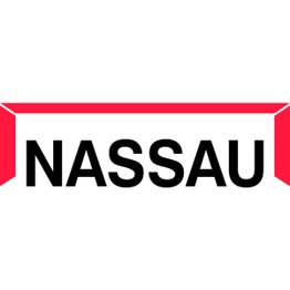 "NASSAU-logo med sort tekst og røde hjørner."