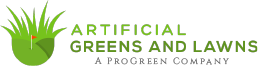 Logo with grass graphic, text: "Artificial Greens and Lawns, A ProGreen Company."