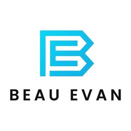 Blue "BE" logo with "BEAU EVAN" in black text below. White background.