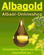 Grünes Banner mit "Albagold", Rapsblüte und goldenem Tropfen, Text: "Albaöl-Onlineshop".