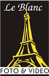 Gráfico del logo "Le Blanc Foto & Video" con una ilustración de la Torre Eiffel en amarillo.