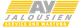 Logo mit Schrift "AV Jalousien" und "Service und Wartung" auf gelbem Hintergrund.