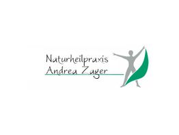 Logo der Naturheilpraxis Andrea Zager mit grüner Menschenfigur und grünem Blatt.