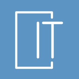 Weißer Rahmen mit „IT“ auf blauem Hintergrund.