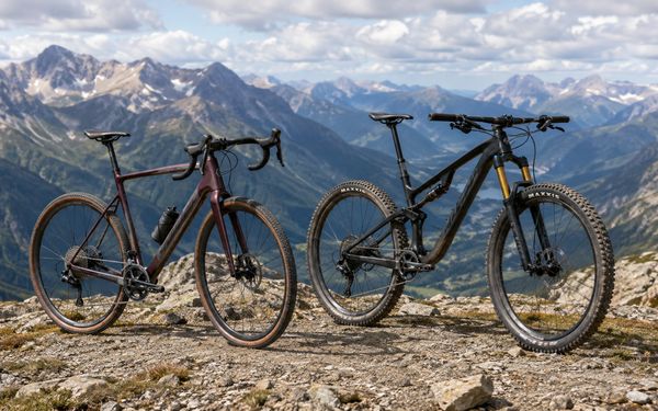 Ein Gravelbike und ein Mountainbike stehen nebeneinander auf einem felsigen Berggipfel vor einem weiten Alpenpanorama mit hohen Bergen, Tälern und wolkigem Himmel.
