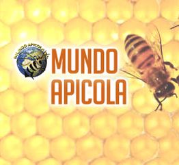 Abeja sobre panal con texto "Mundo Apícola". Fondo amarillo hexagonal.
