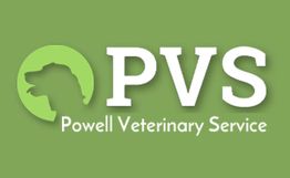 "PVS logo with a dog silhouette on a green background, text reads Powell Veterinary Service."