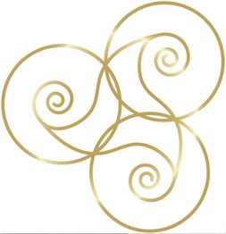 Goldene, ineinandergreifende Spiralmuster auf weißem Hintergrund.