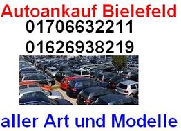 "Autoankauf Bielefeld mit Telefonnummern, Bild von vielen geparkten Autos, Text: aller Art und Modelle."