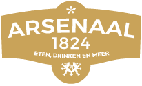 Logo van Arsenaal 1824 met de tekst "Eten, drinken en meer" in een goudkleurige banner.