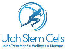 Logo of Utah Stem Cells with a running figure and text about joint treatment and wellness.