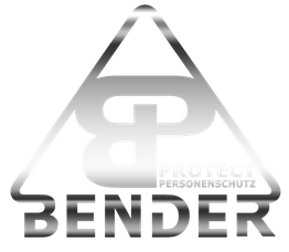 Bender-Logo in Silber mit Schriftzug "Protect Personenschutz" auf schwarzem Hintergrund.
