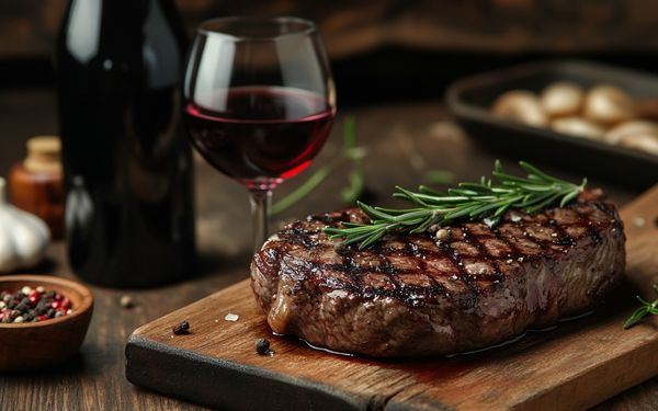 Ein Glas alkoholfreier Rotwein steht auf einem Holztisch, daneben liegt ein saftiges Steak auf einem rustikalen Holzbrett, mariniert mit Rosmarin, Pfefferkörnen und Salzflocken.