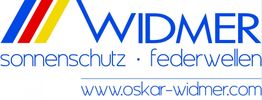 Logo von Widmer Sonnenschutz und Federwellen mit bunter Grafik und Website-Link.